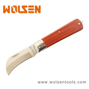 Electrician Knife with Curved Blade and Wooden Handle