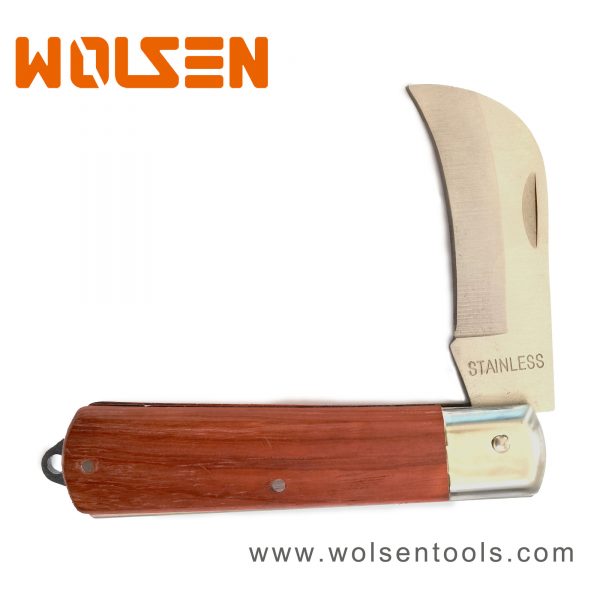 Electrician Knife Curved Blade Wooden Handle Half Open